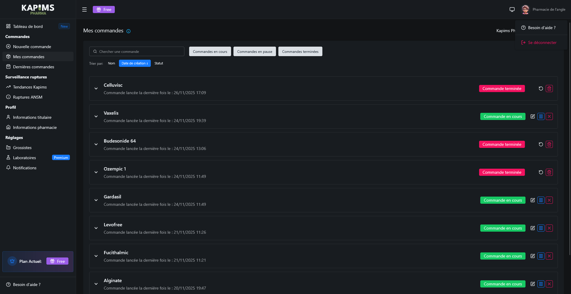 Configuration des commandes